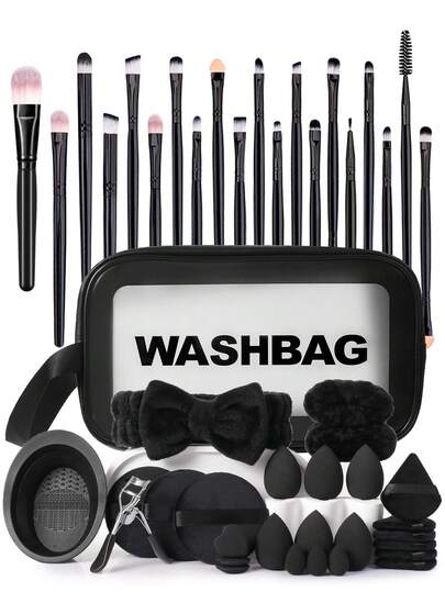 36PCS Makeup Tools Set Including:20PCS Makeup Brush Set+1pc Multi-Functional Zipper Toiletry And Cosmetic Bag Waterproof+3PCS Makeup Sponges+3PCS Mini Makeup Sponges+3PCS Triangle Powder Puffs+3PCS Mini Air Cushion Powder Puffs+1pc Hairband+2PCS Makeup Brush Cleaning Tools