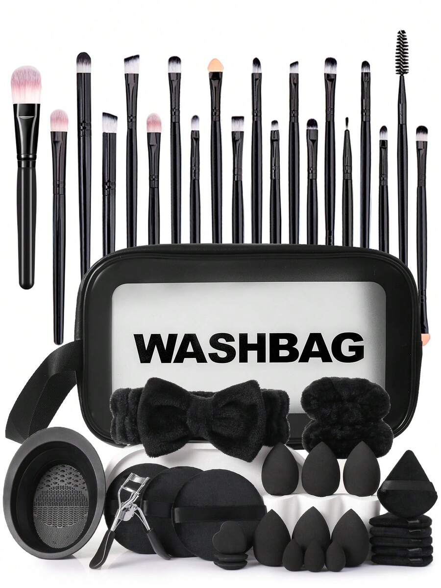 36PCS Makeup Tools Set Including:20PCS Makeup Brush Set+1pc Multi-Functional Zipper Toiletry And Cosmetic Bag Waterproof+3PCS Makeup Sponges+3PCS Mini Makeup Sponges+3PCS Triangle Powder Puffs+3PCS Mini Air Cushion Powder Puffs+1pc Hairband+2PCS Makeup Brush Cleaning Tools - Multicolor - View 1