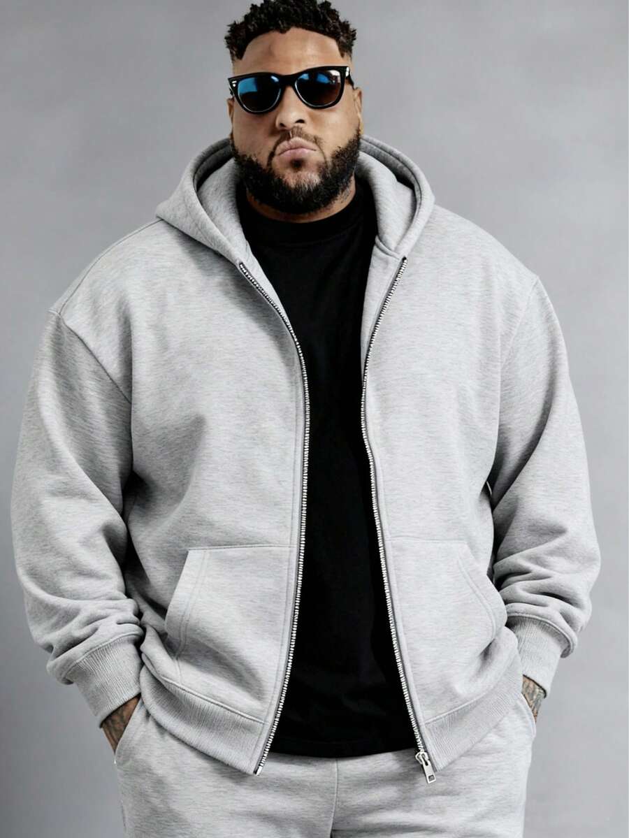 Plus Size Men's Casual Solid Color Zipper Pocket Hoodie Sweatshirt, Suitable For Street, Outdoor, And Daily Versatile Wear - Grey - View 1
