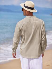 Men's Cotton Linen Long-Sleeved Shirt - 卡其色 - 查看 5
