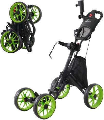 CITYSPORTS PRO BC2 Golftrolley 4-rädrig – Faltbarer Golf Push Cart aus Aluminium – Leichter Golfwagen – Mit Zubehörhaltern – Für Training & Freizeit