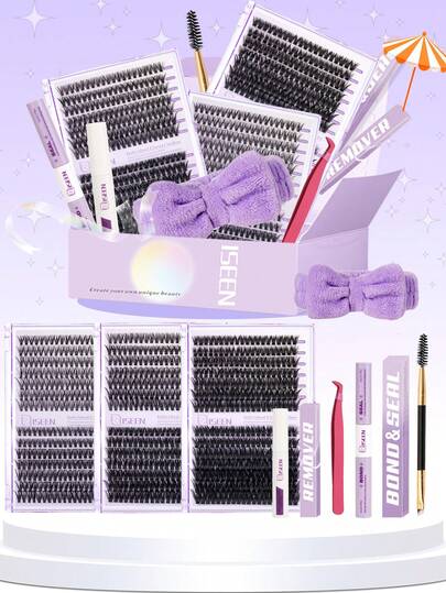 840片装，280片装D型卷翘睫毛嫁接套装，30D、40D、50D、60D、80D单簇睫毛，D型卷翘，9-16毫米睫毛簇，包含睫毛胶水、卸妆液、封层液、刷子和镊子，方便您在家DIY嫁接睫毛。