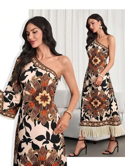 女士热带雨林印花流苏装饰休闲连衣裙，适合日常通勤和度假，春夏新款碎花连衣裙