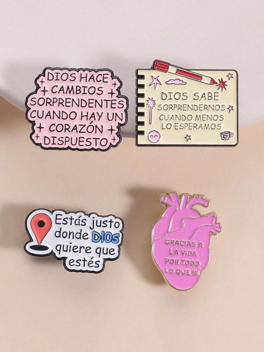4pcs Minimalist Healing Religious Phrase Brooch, Zinc Alloy Enamel Material, Spanish Text Decor, Religious Faith Theme Badge, Unisex Design, Daily Religious Accessory Gift