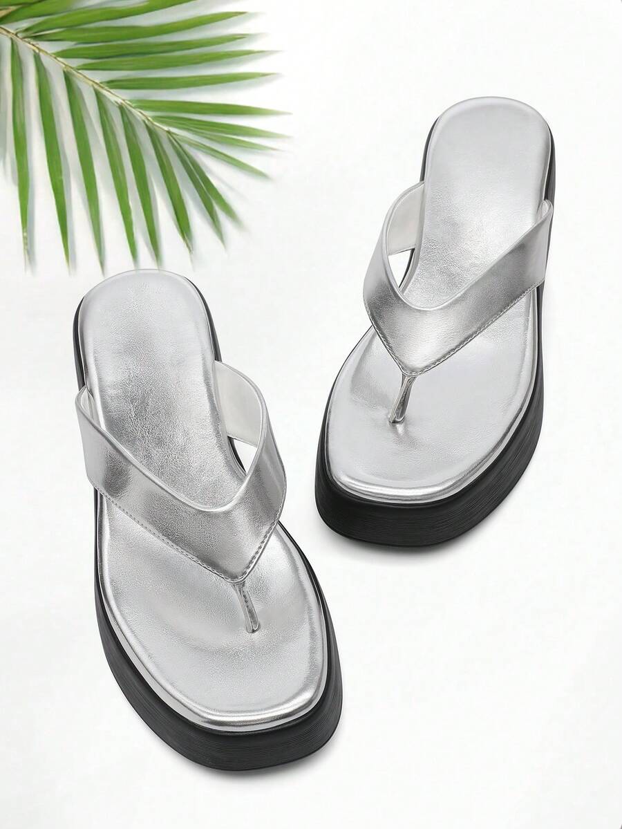 Women's Thick Sole Thong Sandals Casual&Simple Flip Flops Comfortable Soft Platform Sandals - 銀色 - 查看 1