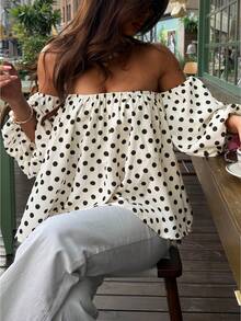 Polka Dot Pattern Off-Shoulder Loose Blouse, Suitable For Spring And Summer - White - View 3