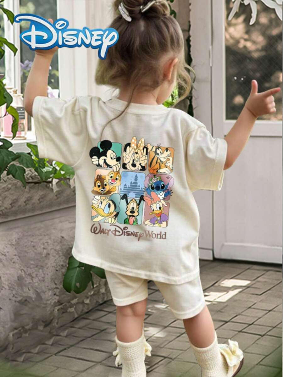 Disney Summer Baby Girls 2pcs Set, Cute Mickey Mouse & Donald Duck Grid Print T-Shirt And Shorts Set, Casual Children Daily Basic Letter Print Knit Round Neck Short Sleeve Elastic Waist Pants, Outdoor Holiday Outfit - Apricot - View 1