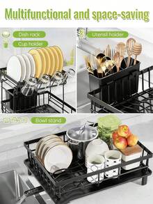 2Layer Double Layer Heavy-Duty Metal Bowl Rack With Drainage Board, Cutlery Rack, And Cup Hook | Space Saving Countertop Bowl Rack, Adjustable Plates, Pots, Pans, And Sturdy Kitchen Storage Rack - Black - View 5