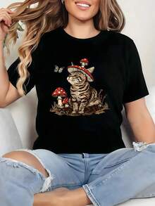 Playera de gato con setas,estética cottagecore,ilustración vintage,verano 2026,uso diario,casual,oversize,ideal para amantes de gatos,fanáticos de hongos,regalo original, bohemia,streetwear mexicano,blusas elegantes dama,tops,parejas,blusas curvy mujer. - Negro - Ver 1