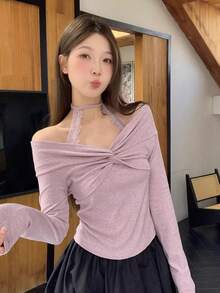 Áo kiểu ren cổ yếm tay dài thiết kế xoắn phong cách thường ngày - Màu Lilac Tím - Xem 3