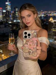 1pc Lotus Flower Embossed Gold Foil Phone Case, Compatible With IPhone 17/17 Pro/17 Air/17 Pro Max/16 Pro Max/16/16 Pro/15 Pro Max/14 Pro Max/13 Pro Max/12 Pro Max/12/11/13/14/15 - Multicolor - View 2