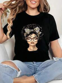 Camiseta mujer leopardo,estampado diadema leopardo,diseño ilustración,cuello redondo,primavera verano,salidas casuales uso diario,estilo chic,para Extrañar con estilo,streetwear,top ,moda urbana,moda casual,blusas elegantes dama,tops,parejas,blusas curvy mujer. - Negro - Ver 1
