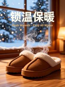 纯色秋冬沙滩风休闲户外家居拖鞋，柔软绒面内里 - 棕色 - 查看 6