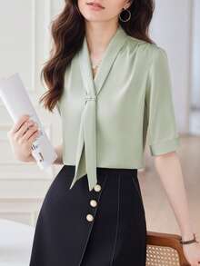 V-Neck Tie Blouse For Women, Fashion High-End Versatile Solid Color Elegant Professional Commuter Design Shirt - Green - View 10