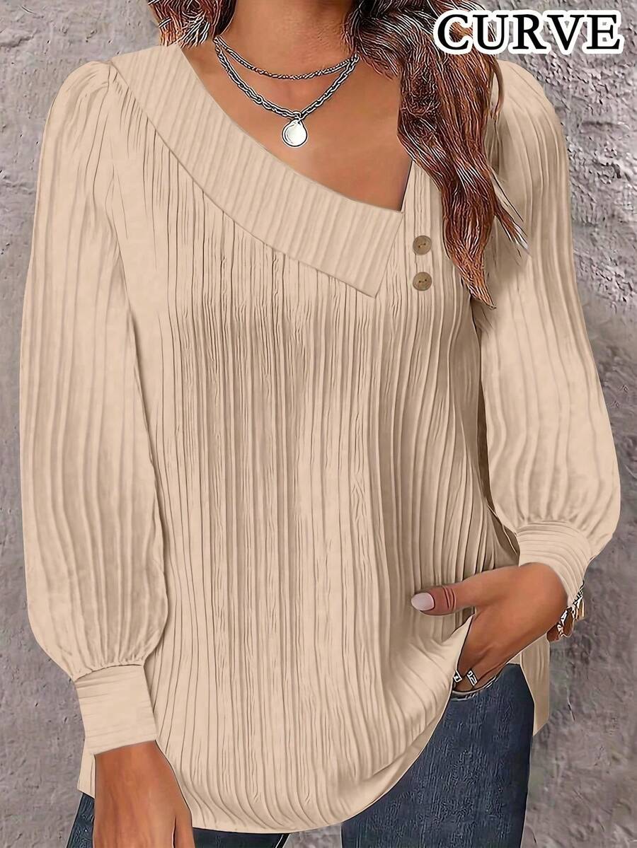 Plus Size Women Long Sleeve Solid Color Casual Shirt Spring - Apricot - View 1
