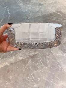1pc Highly Attractive Sparkling Artificial Rhinestone Lipstick & Makeup Brush Display Box, Large Capacity Skincare & Perfume Storage Organizer For Bathroom Vanity, Gift - Silver - View 5