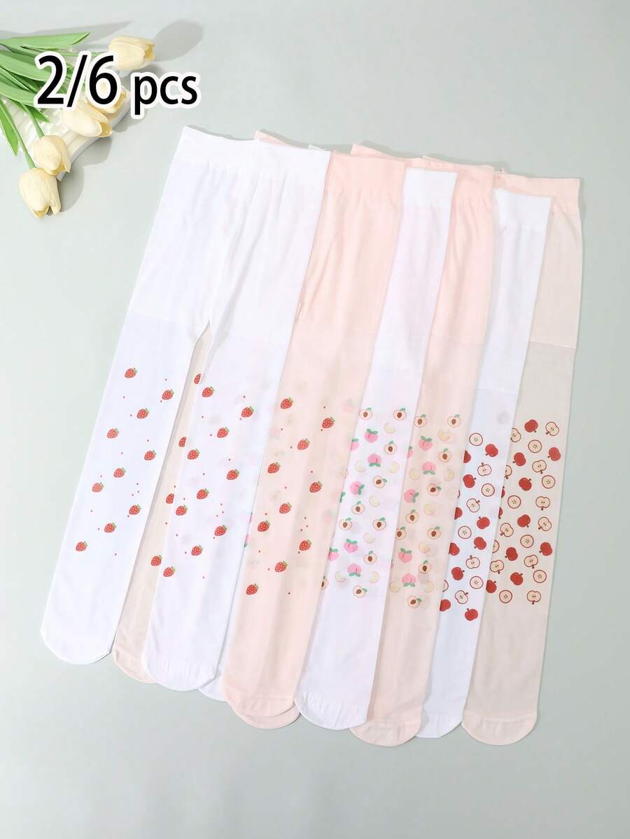 2/6 Pairs Girls Fruit Print Tight Leggings, Breathable Thin Tights For Spring/Summer