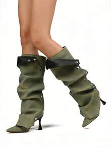 Women's Knee High Boots Stiletto Boots Pointed Toe High Heels Wide Calf Ruched Slouchy Boots Detachable Snap-Off Panel Mid Calf Boots Black Boots - 牛仔-B - 查看 5