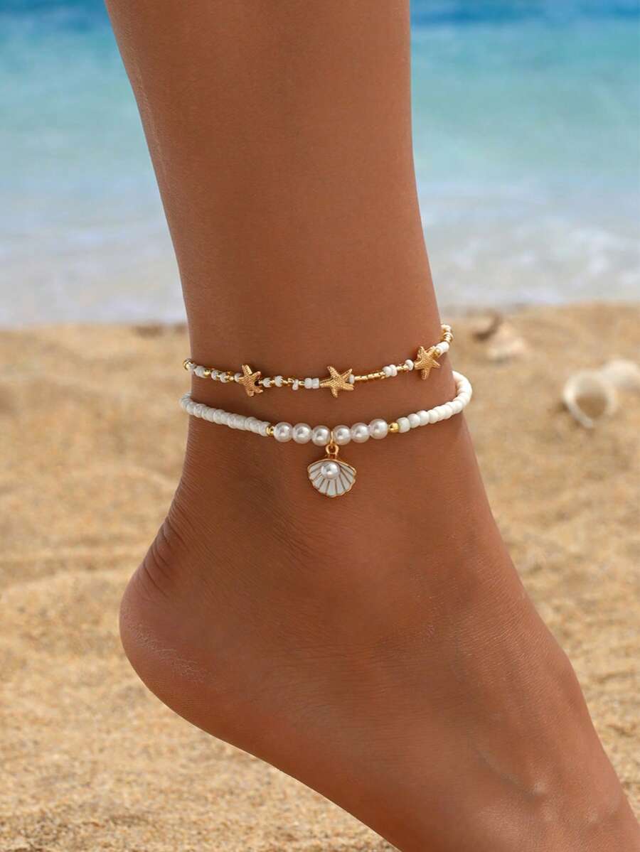2pcs/Set Summer Beach Vacation Style Pearl Beaded Anklet, Drip Glaze Shell Pendant Faux Pearl Starfish Accessory Jewelry, Suitable For Women Everyday And Holiday Wear - Multicolor - View 1