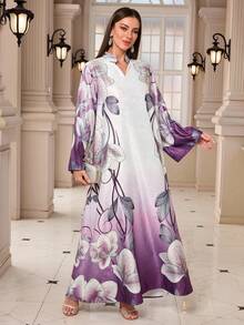 Middle Eastern Muslim New Style V-Neck Lotus Print Long Sleeve Robe Robe - White - View 2
