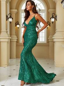 Đầm maxi dự tiệc đuôi cá màu xanh lá cây gợi cảm dành cho nữ, dây mảnh, họa tiết hình học đính sequin, thích hợp cho đám cưới, mùa xuân. - màu xanh lá - Xem 7