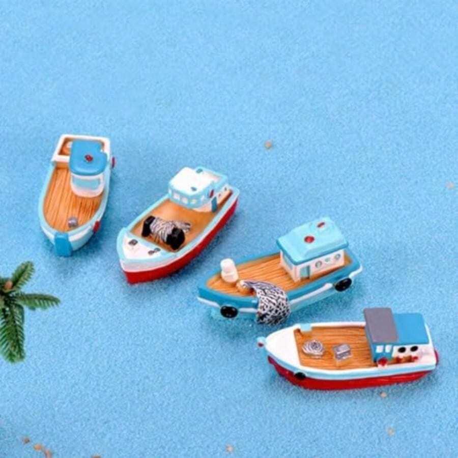 4pcs Mediterranean Style Mini Resin Fishing Boat Models, Colorful Dollhouse Boat Accessories, Miniature Landscape And Beach Scene Decoration, Collectible Sailboat Mini Models - Multicolor - View 1