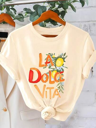 Women's Casual Lemon Print Round Neck Short Sleeve T-Shirt, Summer Outfit