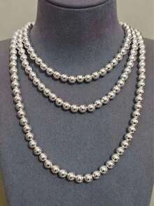 8毫米光滑银色珠链项链，适合女士时尚婚礼首饰，长度40-75厘米 - 銀色 - 查看 3
