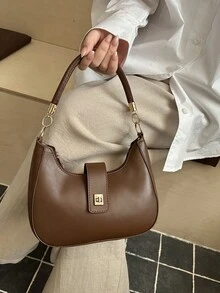 纯色百搭现代简约时尚手提包，优雅流行的新月形搭扣设计，适合购物、携带钱包、休闲出行，尤其适合年轻女性、大学生、职场新人及白领人士。也非常适合办公室、大学、工作、商务、通勤、户外活动、旅行和郊游等场合。 - 咖啡 - 查看 7