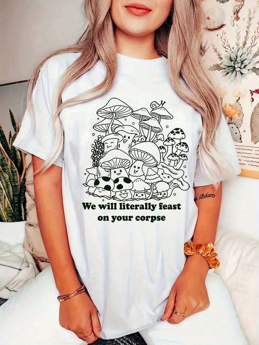 [Mushroom Print Tee] Casual Mushroom Print T-Shirt - Round Neck Short Sleeves Slight Stretch Tee For Women - White - View 1