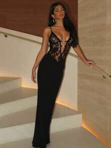 Lace Trim Corset Spaghetti Strap Maxi Gown Women's Clothing - 黑色 - 查看 2