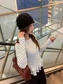 Women's Sweet Style White Polka Dot Long Sleeve T-Shirt, Elegant Ruffled Hem Slim Fit Layering Top, Lightweight Autumn Wear Spring - Light Grey - View 5
