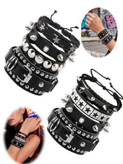 Yanxyad 1/4Pcs Punk Rock Spiked Studded Bracelets Set For Men, 80s Alt Grunge Emo Bracelets Accessories Retro Beaded Star Y2K Cuff Bracelet PU Snap Button Wristband For Women Men