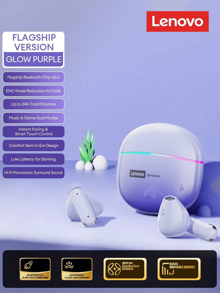 Lenovo 联想 LE222 优雅蓝牙耳机，半入耳式设计，炫酷呼吸灯，HiFi 环绕立体声，智能降噪，蓝牙 6.0，音乐游戏双模低延迟，高清通话，无线运动耳机，兼容苹果、华为智能手机、电脑，节日礼物