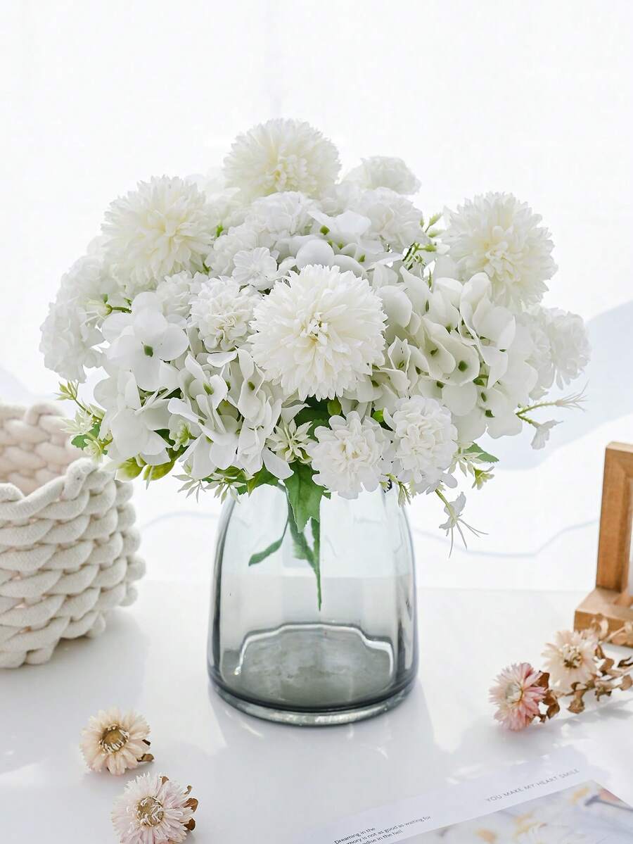 1件仿真花 - 丝质球菊花、绣球花、假植物,适用于家居、餐厅、客厅、户外花园装饰,母亲节礼物、生日礼物、毕业季礼物、婚礼季礼物 - 白色 - 查看 1