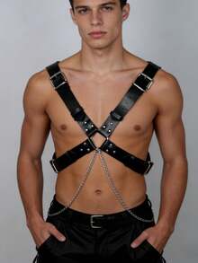 男士Y2K仿皮可调节胸带，前卫朋克金属戒指身体配饰，适合音乐节、演唱会、夜店等场合的穿搭点缀 - 黑色 - 查看 3