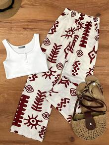 女士休闲度假阳光印花高腰宽松直筒裤，春夏款 - 紅白色 - 查看 5