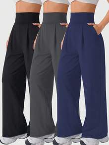 3-Piece Pantalones Deportivos De Pierna Ancha Con Bolsillos Plisados Y Cintura Alta De Color Sólido Para Mujer Con Diseño De Pierna Ancha, Con Bolsillos, Pantalones Casuales De Cintura Alta Y Pierna Ancha Para Ejercicio Cómodos, A Menudo Casuales En Primavera, Otoño E Invierno. - 彩色 - 查看 7