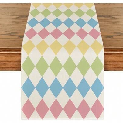 1 pieza Camino de mesa de Pascua a cuadros de diamante en rosa y azul, decoración de mesa de cocina y comedor para fiestas de primavera y verano