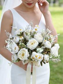 1/3/60支 32厘米 人造丝玫瑰、雏菊、菊花白色花束，餐桌、婚礼、派对、家居装饰摆件 - 白色 - 查看 2