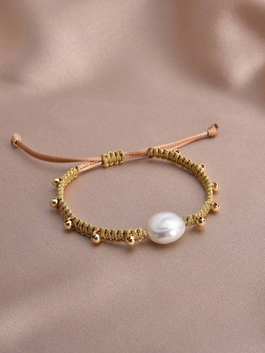 1pc 18K Gold Plated Natural Pearl Adjustable Braided Casual Bracelet, Gift For Mother's Day, Valentine's Day, Birthday - Yellow - View 1