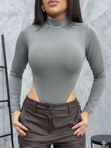 Bodysuit With Long Sleeves, High Neck, And Sleeves - Basic Winter Style - Grey - View 2