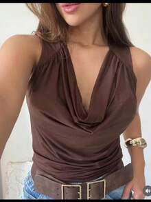 Blusa Femenina Elegante Decote Drapeado Profundo Tecido de malha Drapeado casual Feriado Escritório Diário Verão primavera - Marrom - Visão 5