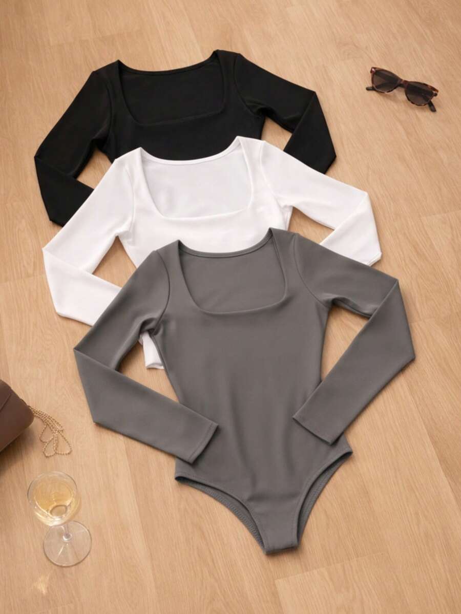Set Of 3 Women's Bodysuits, Second Skin Style, Square Neckline, Long Sleeves, Casual Fashion, Versatile, Soft Spandex, Lined With Elastane, High Fashion Blogger Style - 黑白灰 - 查看 1