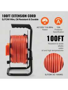 100ft Extension Cord Reel With 4 Outlets And Dust Cover, Heavy Duty 12AWG 14AWG SJTOW Power Cord, Manual Cord Reel With Portable Handle Circuit Breaker, For Outdoor Indoor Toolshed Garage, UL Listed - 100ft 14AWG - View 4