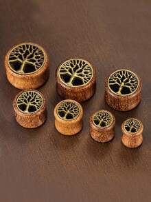 1对时尚复古波西米亚风耳扩，天然木质镂空镶嵌生命之树耳塞，男女通用穿刺饰品，适合日常、派对、节日佩戴 - 生命樹 - 查看 5