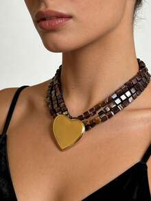 1件不锈钢不对称心形棕色方形串珠多层项链，18K镀金防水时尚百搭女士项链 - 項鍊 - 查看 8