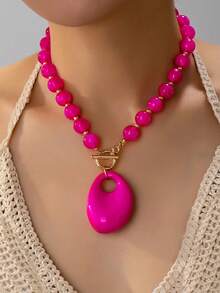 1 chiếc vòng cổ mặt dây chuyền đính hạt phong cách Bohemian cổ điển thanh lịch dành cho nữ, thích hợp làm quà tặng, dự tiệc, tiệc chiêu đãi và đeo hàng ngày. - Màu Hồng Tươi - Xem 1