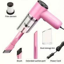 1 Pink 12V Powerful Handheld Car Vacuum Cleaner - Compact Wired Design, Easily Remove Dust And Pet Hair, With Accessory Kit Included, Without Battery, Car Accessories, Complimentary Multi-Purpose Car Brush, Pink Cute Girl, Halloween Gift - Pink Vacuum Cleaner - View 11