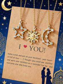3pcs Silver Stainless Steel Star, Sun And Moon Design Friendship Necklace Set, Suitable For Women Daily Wear Or As A Vacation Or Back To School Gift - Yellow Gold - View 4